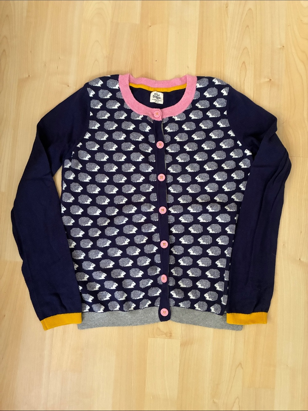 Mini Boden Navy Hedgehog Pattern Cardigan with Pink Trim